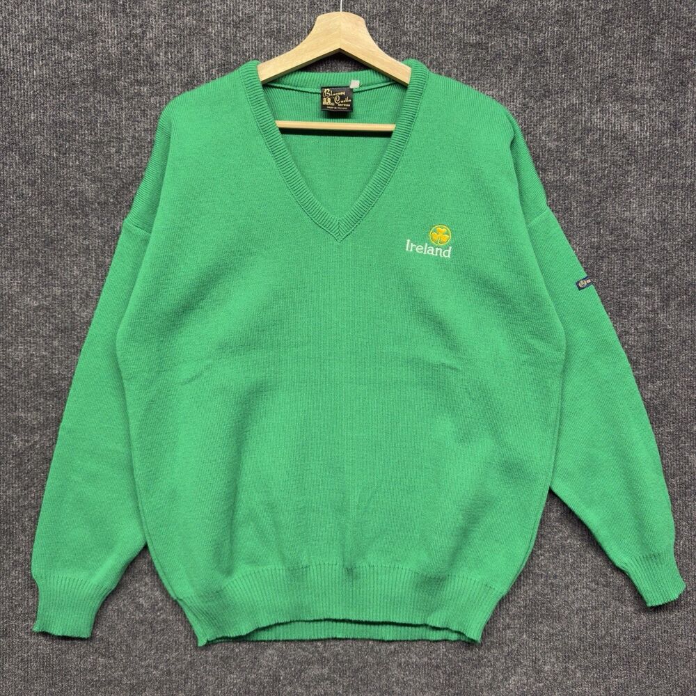 VTG 80s Blarney Castle Ireland V Neck Sweater Green Shamrock Embroidered L